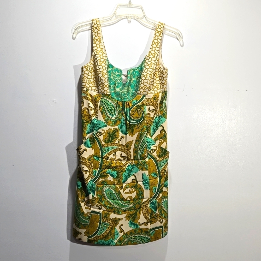 Milly New York Green and Gold Silk Sundress Sleeveless Mini 2